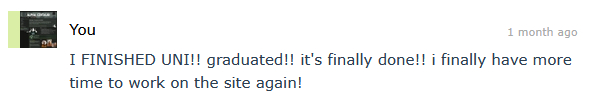 alphacentauri's neocities post saying: 'I FINISHED UNI!! graduated!! it's finally done!! i finally have more time to work on the site again!'
